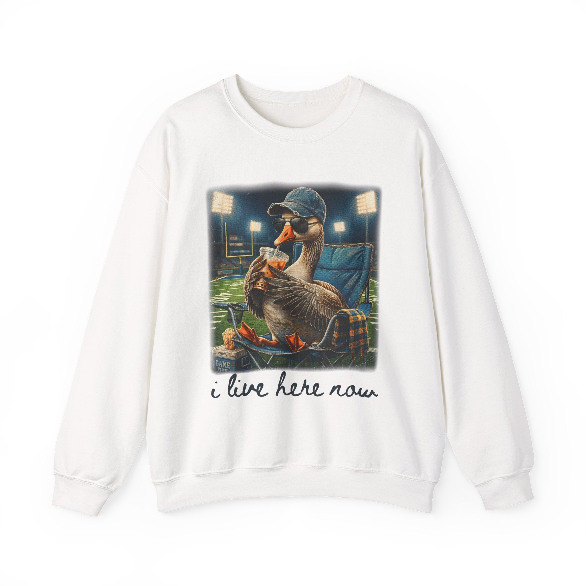 Crewneck Sweatshirt - 'I Live Here Now' Goose Stadium Graphic